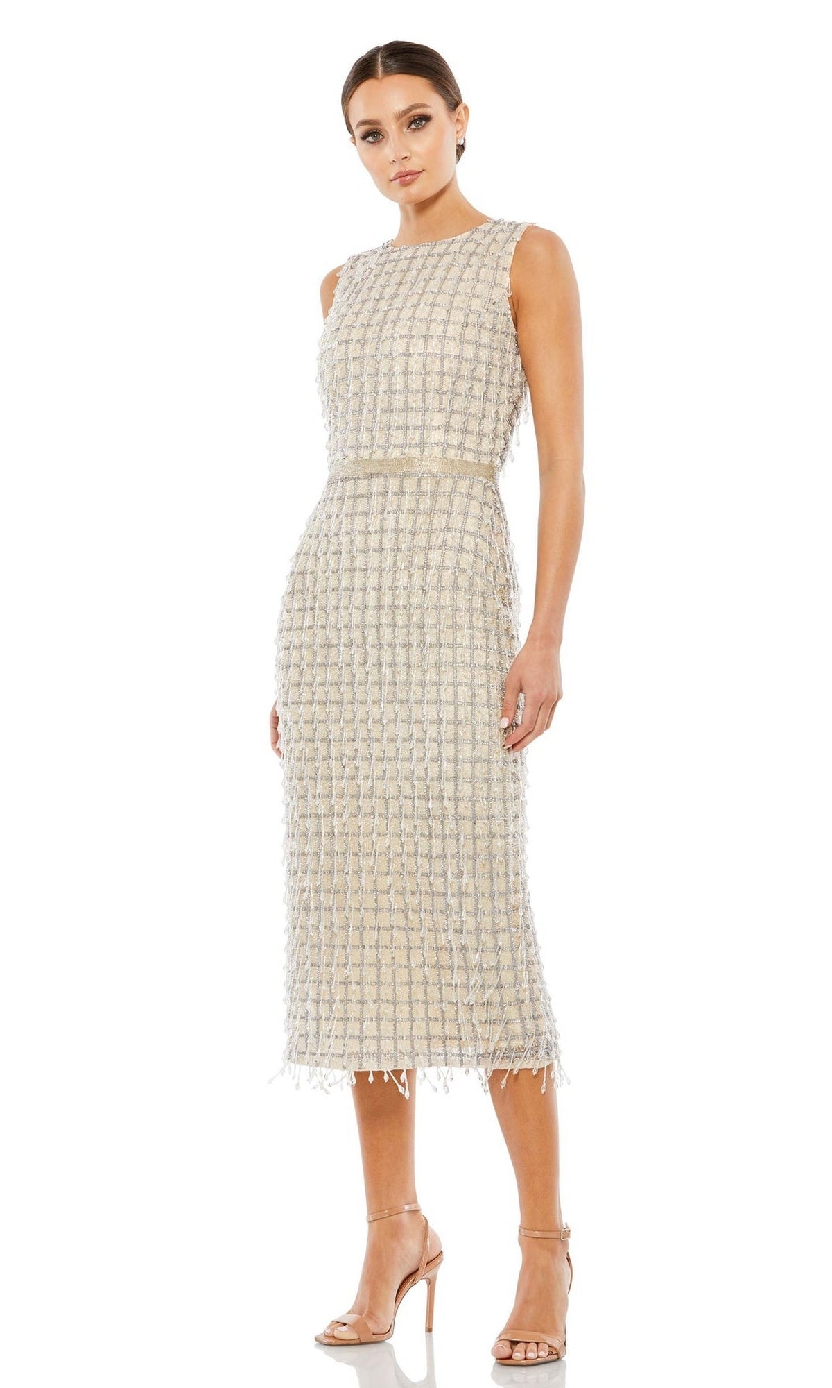 A woman wearing the Mac Duggal 5471 Beaded Midi Wedding-Guest Dress with heels stands against a plain white background.